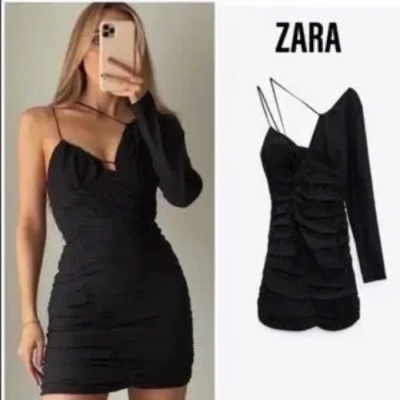 Zara One Sleeve Steetch Black Cocktail Mini Dress s Size Small sexy - Picture 2 of 6